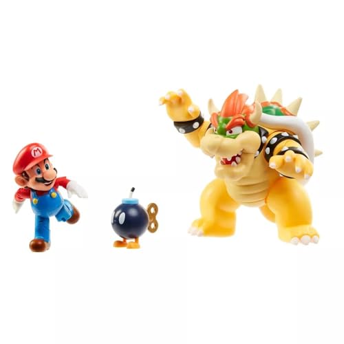 Nintendo Mario vs. Bowser Lava Battle playset with articulated Mario, Bowser, and Bom-Omb figures in a lava-themed scene.