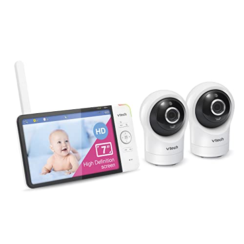 VTech RM7764-2HD baby monitor with two cameras, 360° pan and tilt, 10X zoom, 7-inch HD display, night vision, and two-way talk.