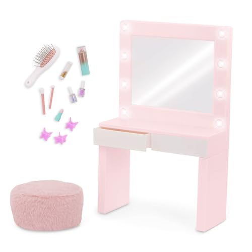 Our Generation pink vanity table playset with light-up mirror and pretend makeup accessories for 18-inch dolls.