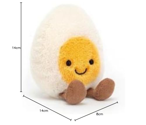Jellycat Amuseable Happy Boiled Egg plush toy with a smiling face, measuring 4cm x 8cm x 14cm, in soft fabric.