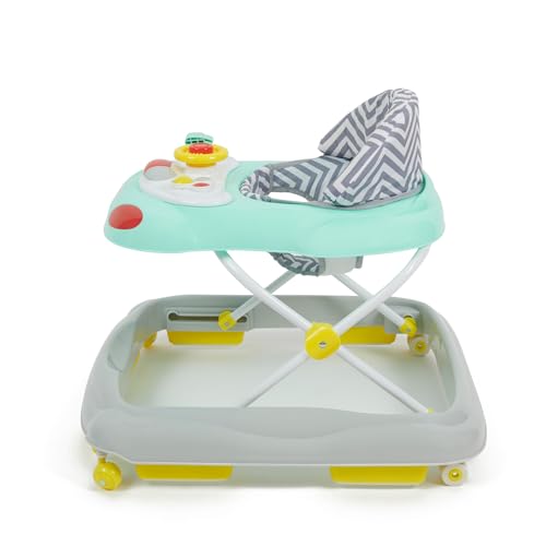 Babylo Go Go Height Adjustable Zigzag Walker showing colorful zigzag frame and padded seat for baby mobility and play.