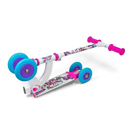 OZBOZZ My First Scooter in white with pink and blue wheels, featuring a playful unicorn design.