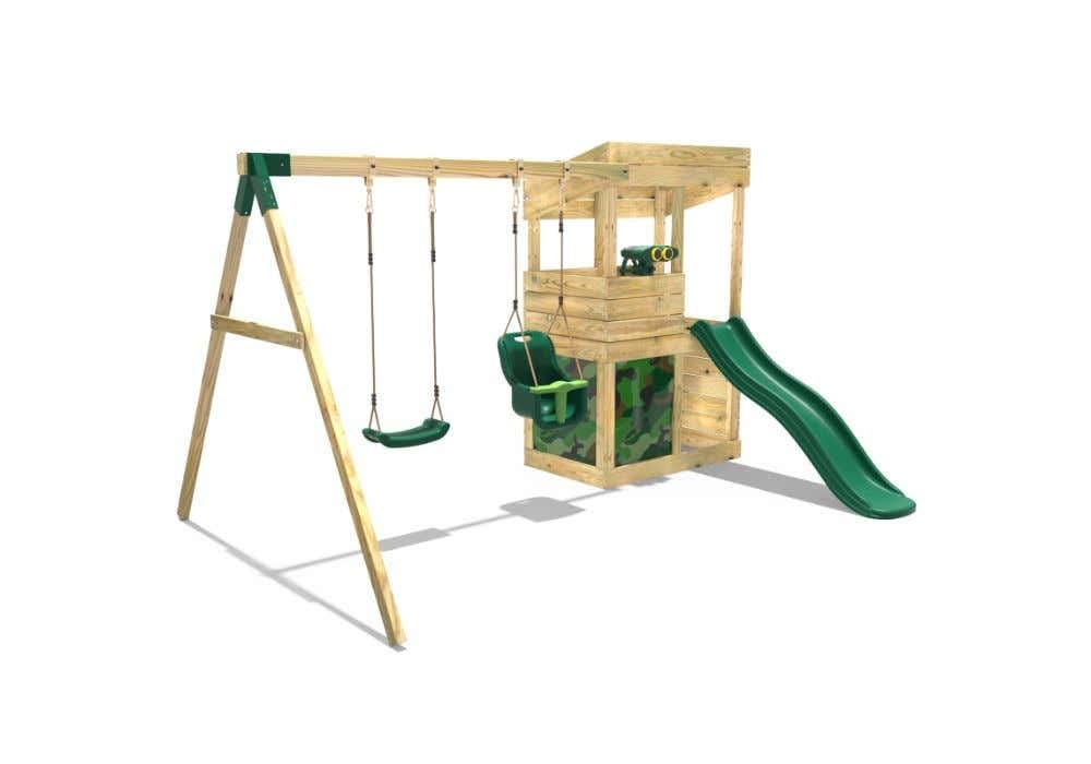 Rebo® Wooden Lookout Tower Playhouse with 6ft Slide with Swings - Zion | OutdoorToys | Pressure Treated Timber, Baby Swing, Secret Den, Climbing Wall, either Binoculars or Telescope & Steering Wheel