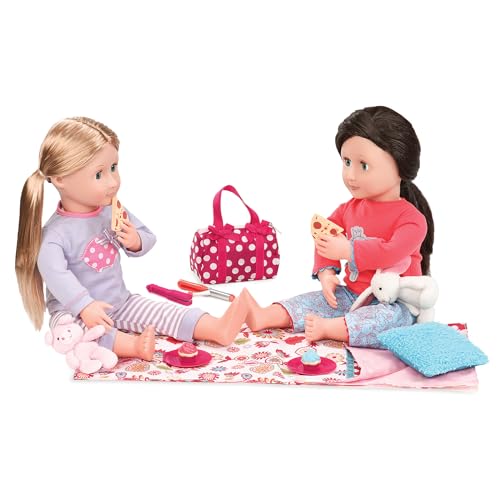 Our Generation polka dot sleepover set with pizza theme for 18-inch girl dolls, featuring 15 accessory pieces.