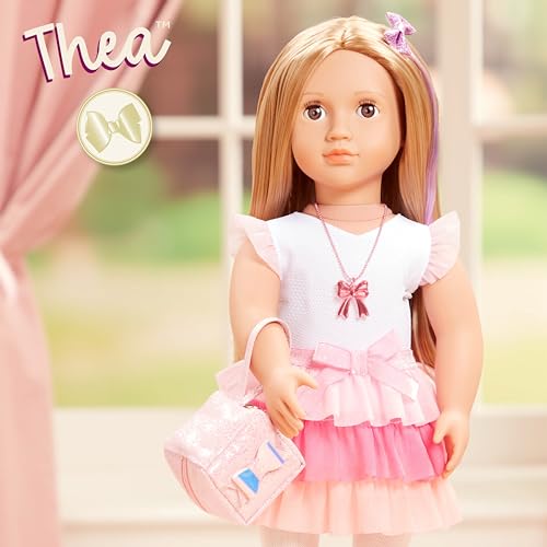 18-inch Our Generation doll Thea with blond hair and hazel eyes, wearing a bow-themed outfit and styling accessories.