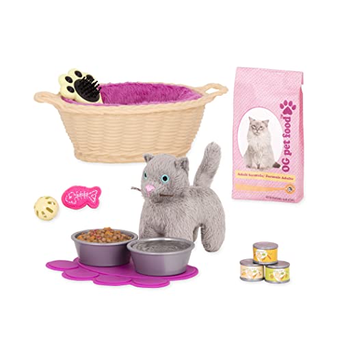 Our Generation cat pet set with care accessories for 18-inch dolls, featuring 13 pieces of pet accessories.
