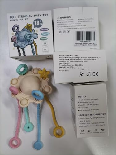 ROWFEN Baby Sensory Toys - Montessori Silicone Pull String Toy Develops Sensory Skills for Babies, Built-in Rattle and Soft Press Function, Safe and Easy to Clean Design (Cream Color)