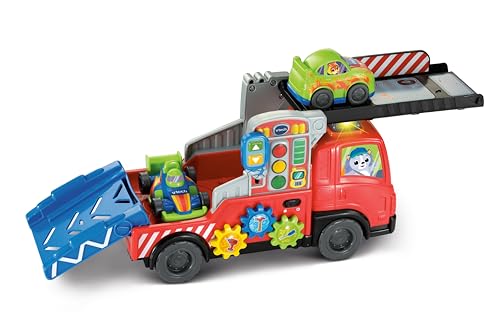 VTech Road Rescue Car Carrier, Interactive Car Carrier Truck, Includes 2 Cars, 55+ Sound Effects, Motor Skills Development, Suitable for Ages 12, 18, 24 Months, English Version