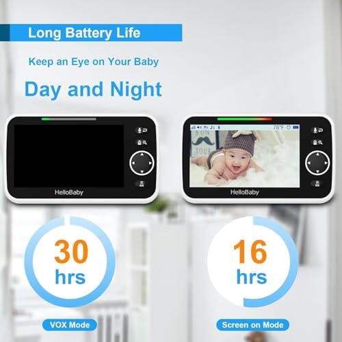 HelloBaby HB6550 baby monitor with camera, night vision, 5-inch display, pan-tilt-zoom, 2-way talk, and temperature sensor.