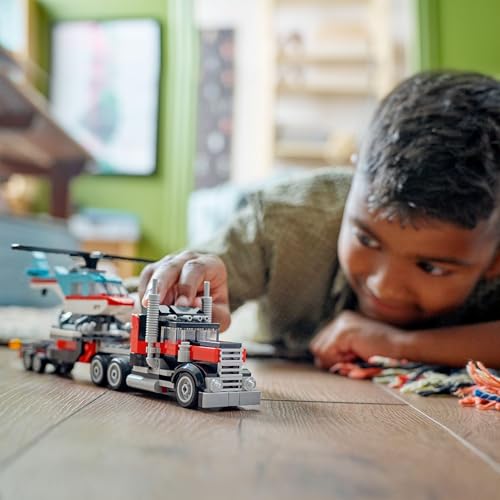 LEGO Creator 3in1 Flatbed Truck with Helicopter and other vehicle models for kids aged 7 and up.