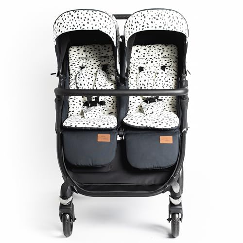 Roma Gemini 2 Twin Double Complete Stroller - Including 2 x Hoods, Harness Pads, Padded Liners and Rain Cover. Compact Fold, 69 cm Wide, Supports Up to 22 kg Per Seat | Side by Side Pram - Dalmatian