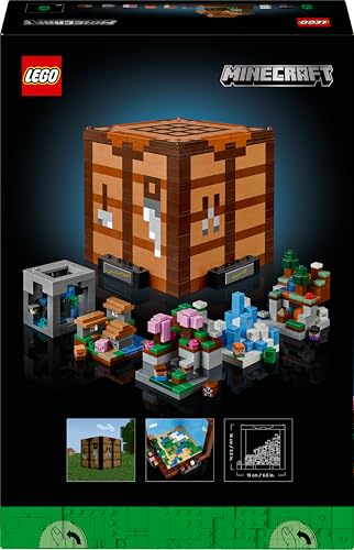LEGO Minecraft The Crafting Table set featuring Steve, Alex, and mobs, ideal for adult display and gaming room decor.