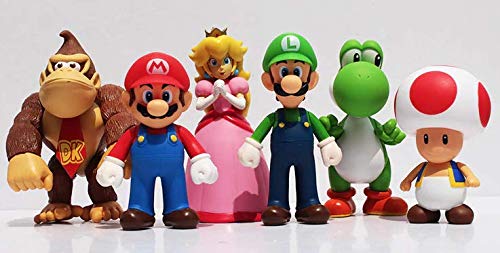 Nintendo Mario Super Large 6 Figure Box Set featuring Luigi, Donkey Kong, Yoshi, Toad, and Princess Peach characters.