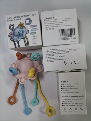 ROWFEN Baby Travel Toys - Montessori Silicone Pull String Toy Develops Sensory Skills for Babies, Built-in Rattle and Soft Press Function, Safe and Easy to Clean Design (Pink)