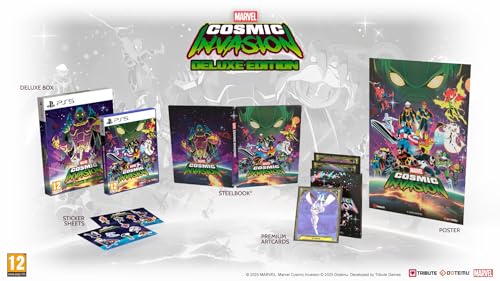 Marvel Cosmic Invasion Deluxe Edition PS5 game case with artwork featuring cosmic-themed characters and vibrant space background.