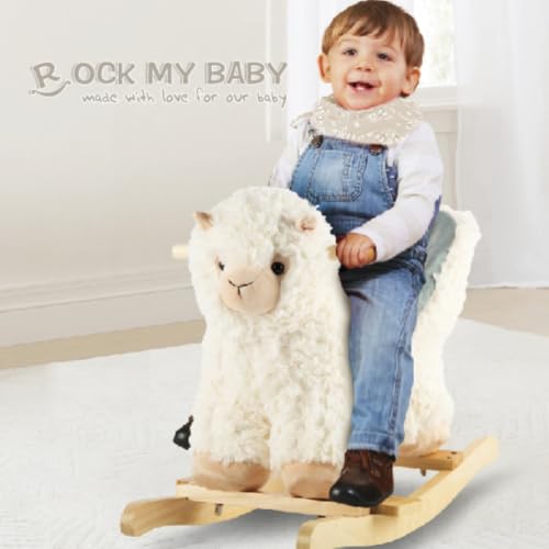 Rock My Baby Plush Rocking Horse - Soft Stuffed Body,Safety Seat Chair, Wooden Rockers, Music Button – Toddler Ride-On Toy for Ages 1–3(beige)