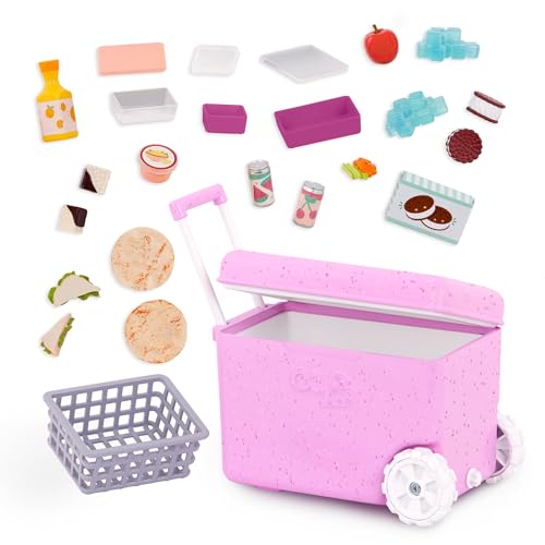 Our Generation rolling cooler with wheels, filled with pretend food toys for 18-inch dolls, perfect for imaginative play.