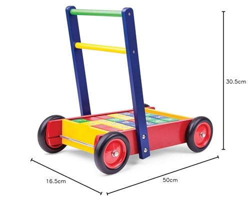 Tidlo Baby Walker with ABC blocks, wooden activity walker for toddlers with colorful alphabet blocks and sturdy handle.