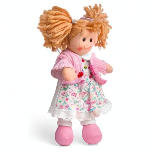 Bigjigs Toys Poppy doll, 28cm plush ragdoll with strawberry blonde pigtails and floral white dress, soft baby toy for children.