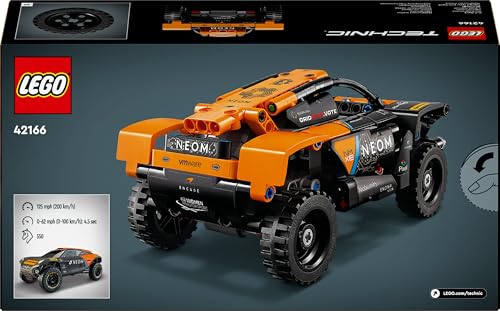 LEGO Technic NEOM McLaren Extreme E Race Car toy set with off-road pull-back feature, designed for kids aged 7 and up.