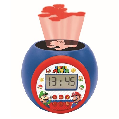 LEXIBOOK Nintendo Super Mario projector alarm clock with night light, LCD screen, snooze, and battery operation.