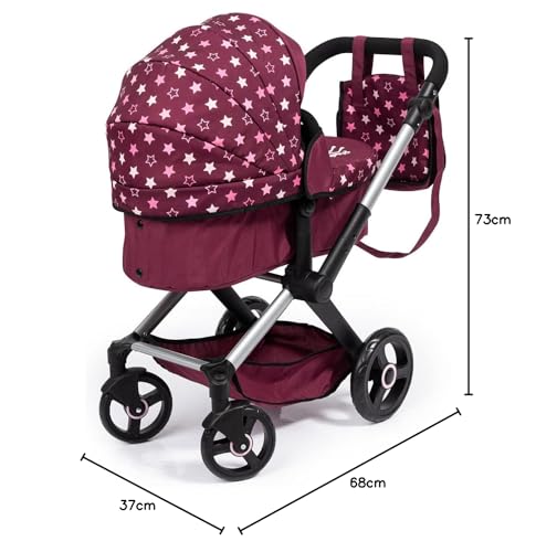 Bayer Baby Dolls Pram XEO in burgundy with pink stars, convertible doll stroller with carrycot, changing bag, and adjustable handle for girls