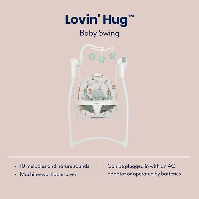 Graco Lovin' Hug Swing with 6 Swing speeds, Music, 4 Recline Positions and Folds up for Storage. Suitable from Birth to Approx. 6 Months (0-9kgs), Up & Away Fashion
