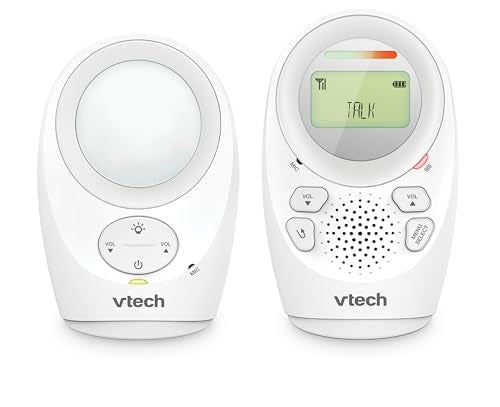 VTech DM1211 audio baby monitor with long range, 2-way talk, noise level display, temperature sensor, soothing sounds, and belt clip.