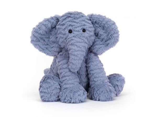 Medium Jellycat Fuddlewuddle Elephant, soft plush toy, with floppy ears and a gentle expression, measuring 23 cm tall.