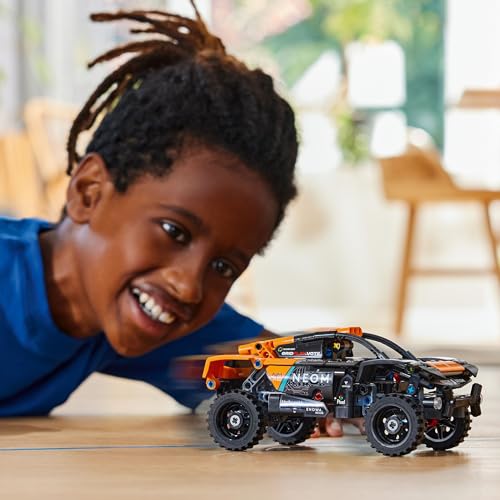LEGO Technic NEOM McLaren Extreme E race car toy set with off-road design for kids aged 7 and up, featuring pull-back action.