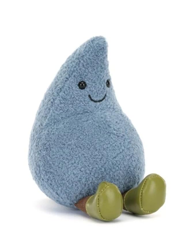 Jellycat Happy Raindrop plush toy, soft blue design with a smiling face, measuring 13 cm tall and 9 cm wide.