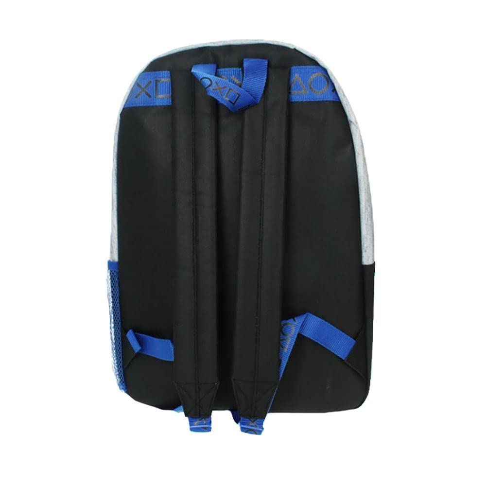 PlayStation logo unisex black and blue backpack with lightweight polyester material, featuring adjustable straps and multiple compartments.