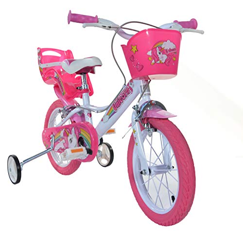 Dino Bikes 16-inch unicorn kids bike for girls with white and pink frame, doll seat, basket, and stabilizers on a white background.
