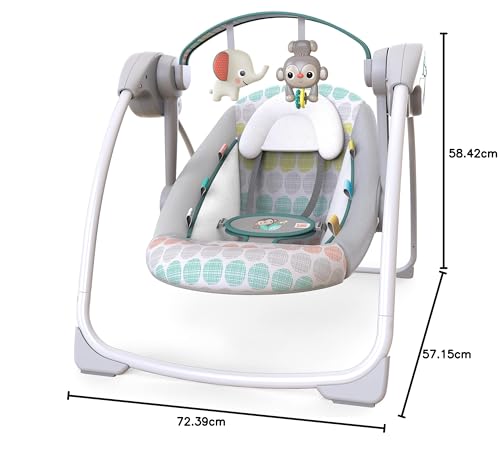 Bright Starts, Whimsical Wild Portable Compact Automatic Baby Swing with Music and Taggies, Removable Toy Bar with 2 Toys, Reclinable, 5 Point Harness, Newborn and up