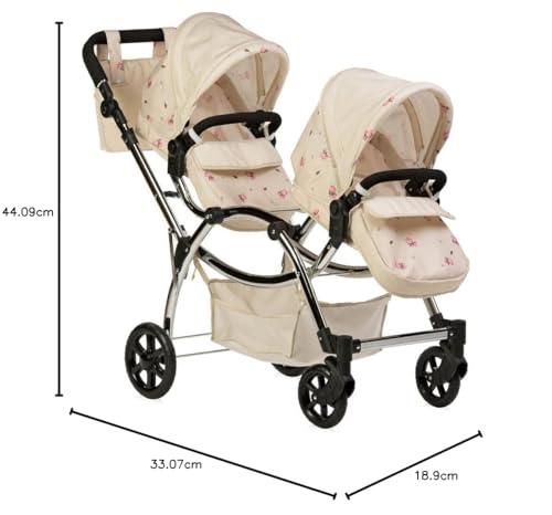 Roma Darcie Twin Cream Dolls Pram - Adjustable Handle Dolls Pushchair for Reborn Dolls, Double Dolls Pram with 16 Combinations, Bag & Shopping Basket - Ideal for Ages 3-16