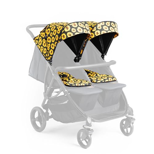 Roma Gemini Double Stroller Colour Pack- Sunflower -Compact Side by Side for Newborns, 69cm Wide, 22kg Per Seat, Magnetic Harness, Easy Set Up, Puncture Proof Wheels, 102cm Handle, Rain Cover Included