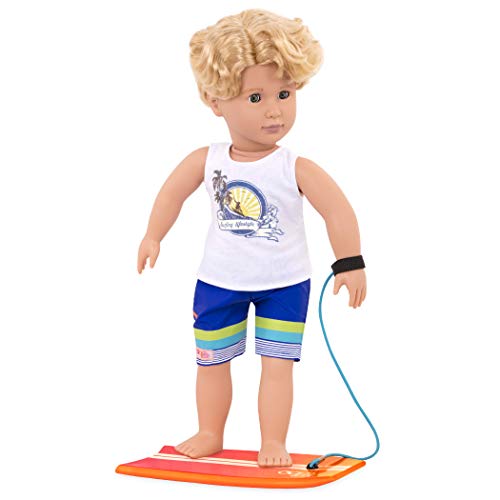 Our Generation Gabe boy doll with surfboard in cream, blue, and orange, ready for a beach adventure.
