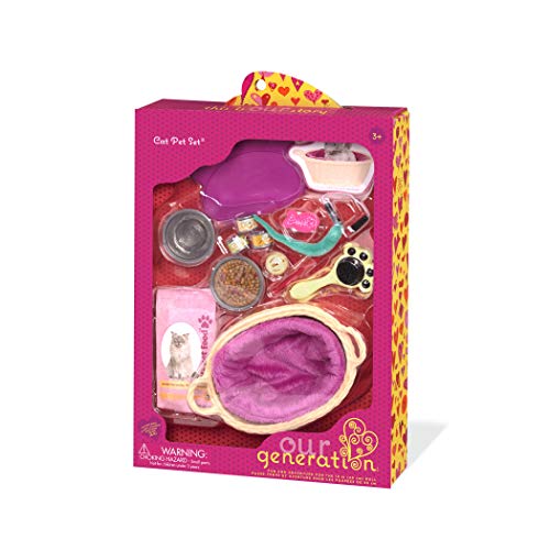 Our Generation cat pet set with 13 care accessories for 18-inch girl dolls, featuring a playful cat and grooming tools.