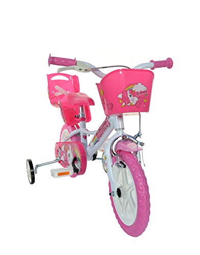 Dino Bikes 124RL-UN unicorn 12-inch kids' bicycle with white and pink frame, training wheels, and colorful unicorn design.