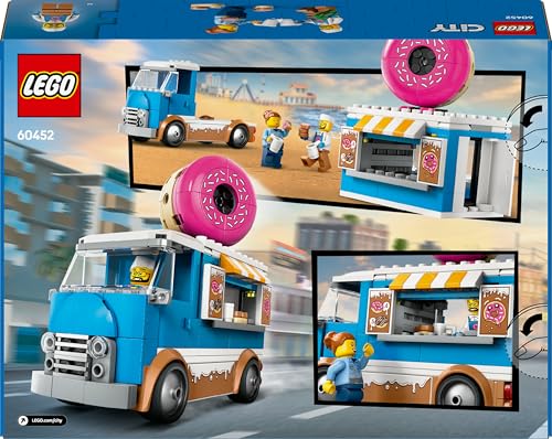 LEGO City donut truck toy with two minifigures and mobile food stand accessories for creative building fun.