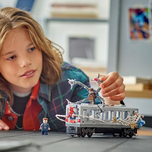 LEGO Marvel Spider-Man vs. Doc Ock subway train scene set with four minifigures for imaginative play and display.