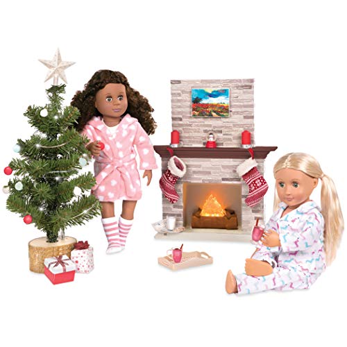 Our Generation Holiday Celebration Set with 28 Christmas accessories for 18-inch girl dolls on a festive backdrop.
