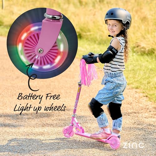 Zinc Kids Scooter for Ages 3+, Folding 2-Wheel Kick Scooter with Light Up Wheels, Height Adjustable, Anti-Slip Footplate, Rear Footbrake, Unicorn with Tassels