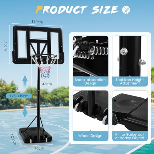 Children/Adults Basketball basket Hoop, height adjustable from 128 to 305 cm, basketball stand with wheels, Two Basketball Nets, for Indoor and Outdoor use (Black)