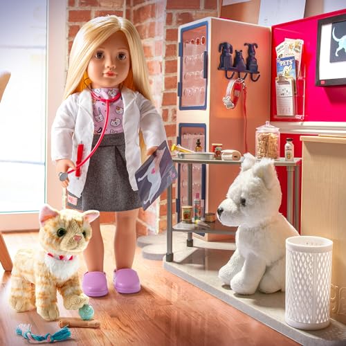 Our Generation Healthy Paws Vet Clinic playset with pink accessories for 18-inch fashion dolls and veterinary care items.
