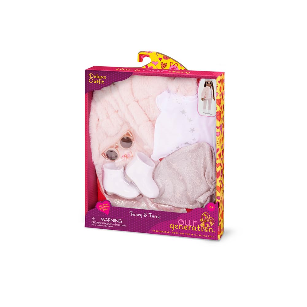 Pink faux-fur coat outfit for 18-inch dolls, part of Our Generation fashion accessories for pretend play.