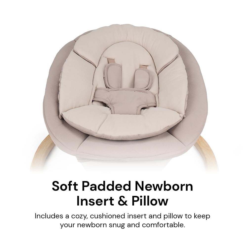 DreamX E-Swing baby swing in Dune color with Bluetooth, remote control, and 5 speeds, designed for infants and toddlers.