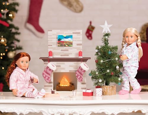 Our Generation holiday celebration set with 28 Christmas accessories for 18-inch girl dolls, featuring festive items.