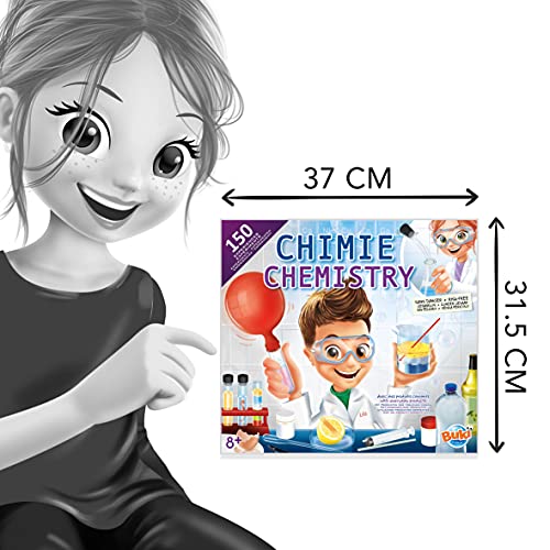 Buki Kids Chemistry Set with test tubes, goggles, and accessories for safe science experiments using kitchen ingredients.