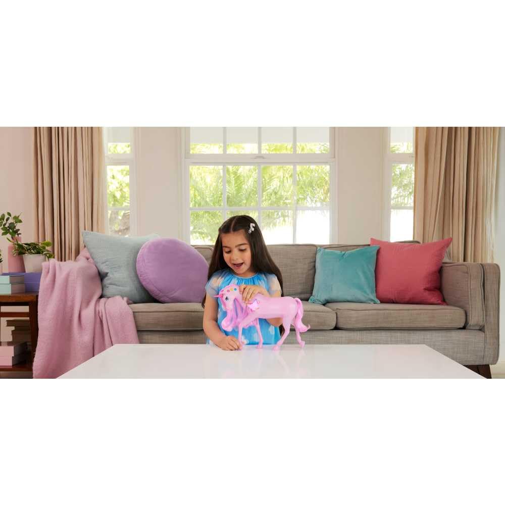 Barbie Sparkle Lights Toy Unicorn with colorful lights, sounds, and music, featuring a pettable head and interactive buttons.